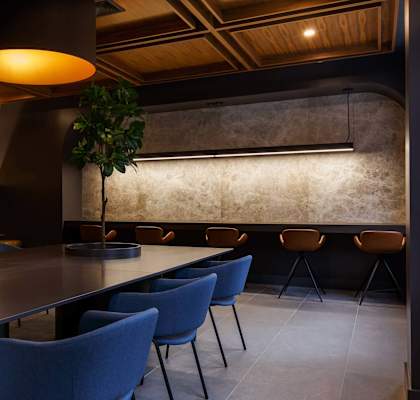 a long table and chairs in a room with plants