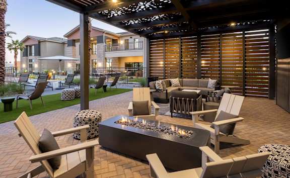 Covered Patio with table and chairs at Elysium, Phoenix, Arizona