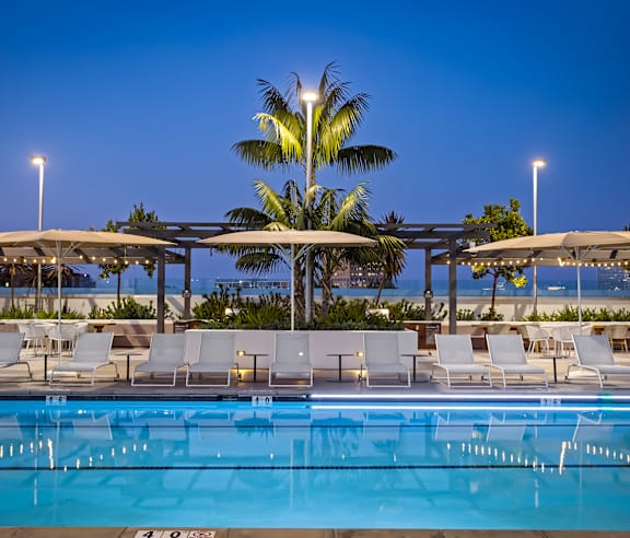 A pool with chairs and a palm tree in the background. at Elements Apartments, Irvine, CA