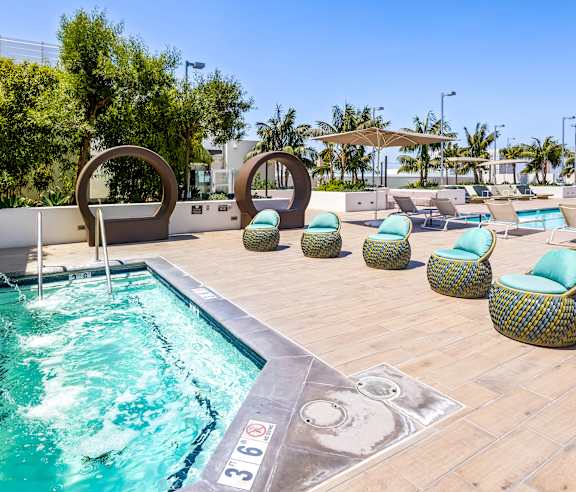A pool with a number 360 on the ground. at Elements Apartments, Irvine, CA