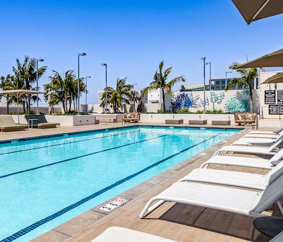 A pool with chairs and palm trees in the background. at Elements Apartments, Irvine, CA