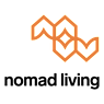 A graphic with orange shapes and the words "nomad living" in black.