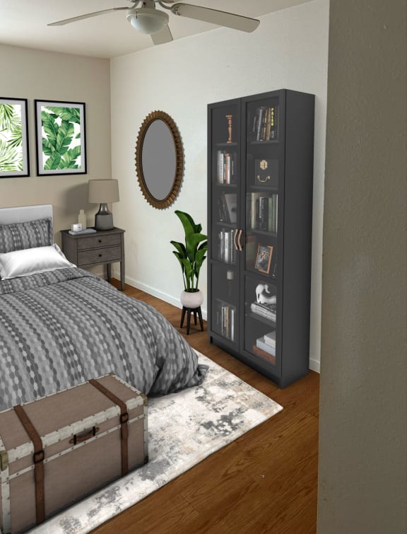 a bedroom with a bed and a dresser