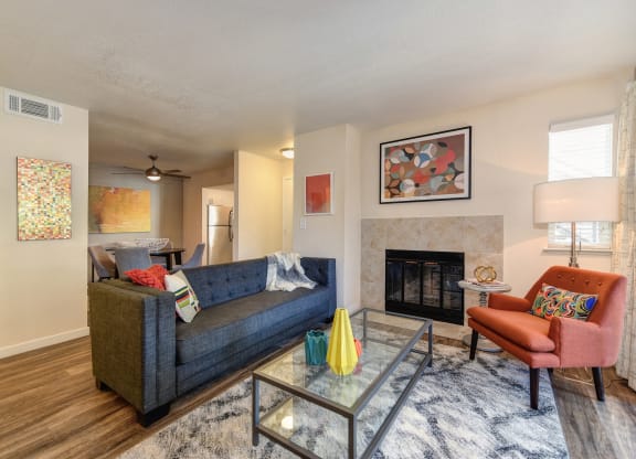 Living Room with Glass Coffee Table at Rush River Apartments, Sacramento, CA, 95831