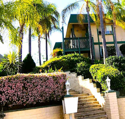 a large house with palm trees in front of it
