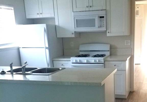 a kitchen with a white stove top oven next to a sink