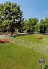 A gazebo sits in a grassy field next to a chain link fence.
