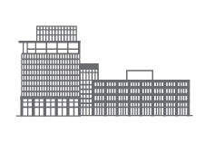 the building on the black background with the lights on