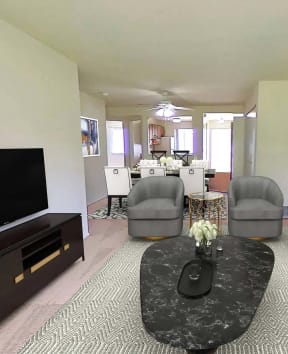 a living room with a couch and a table