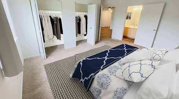 a bedroom with a bed and a closet
