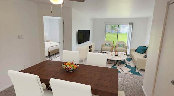 a rendering of a living room and dining room with a table and chairs