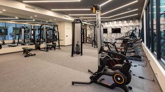 A gym with a variety of equipment including treadmills, stationary bikes, and weight machines.