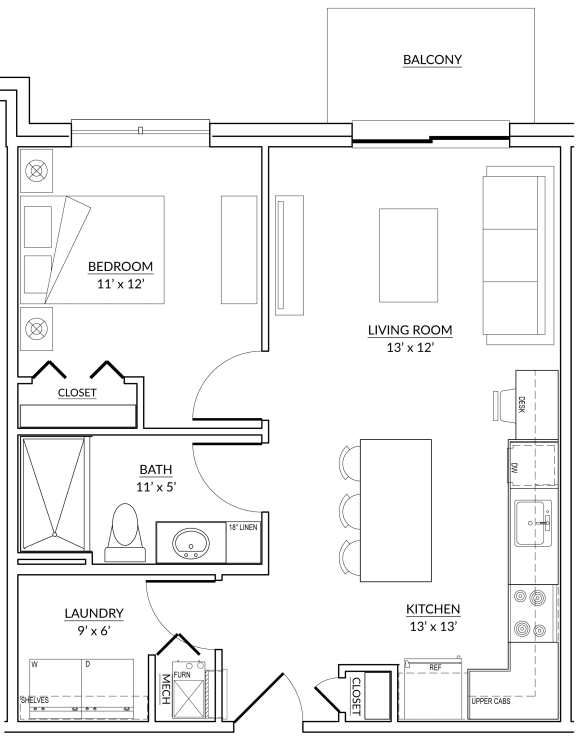 Wedgewood Style G - 1 bed, 1 bath apartment floor plan