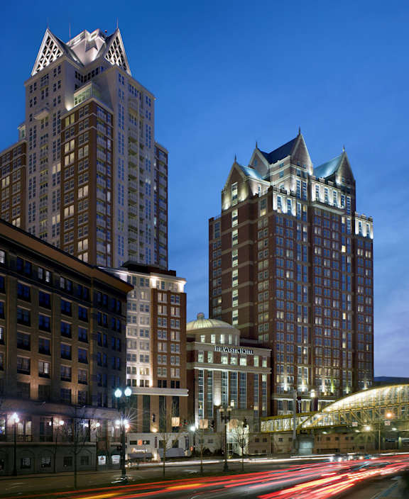 A cityscape at night with a long exposure of the street lights at Residences Providence, Providence, RI 2903