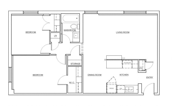 Two bedroom, one bathroom apartment layout at Millside Tower in Milton, ON