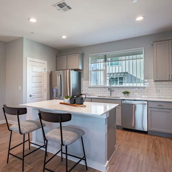 Modern Kitchen With Stainless Steel Appliances And Double Door Refrigerators at Villae ATX Luxury Rental Townhomes, Manchaca, TX, Texas, 78652