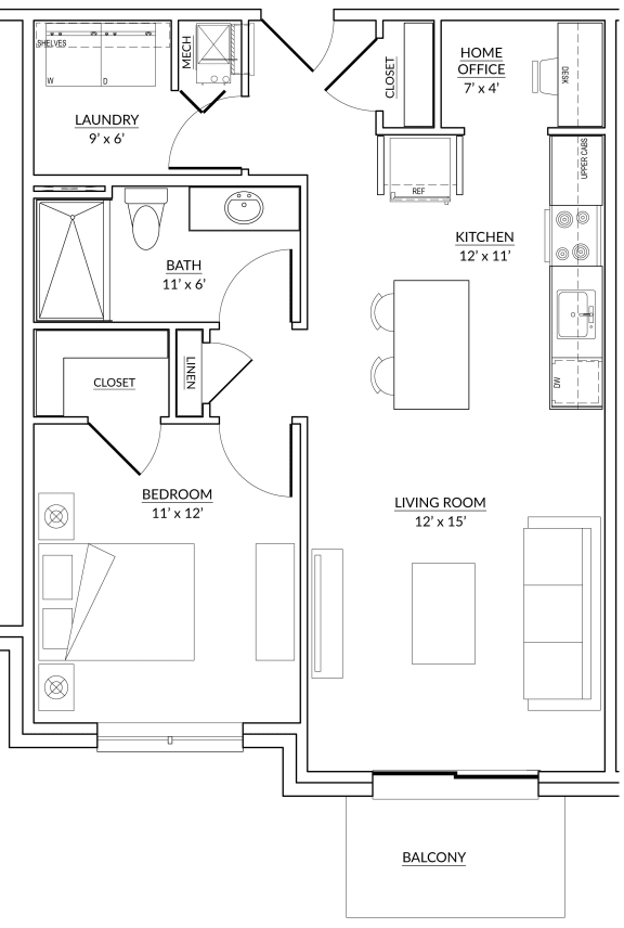 Lincoln Style B - 1 bed, 1 bath apartment floor plan