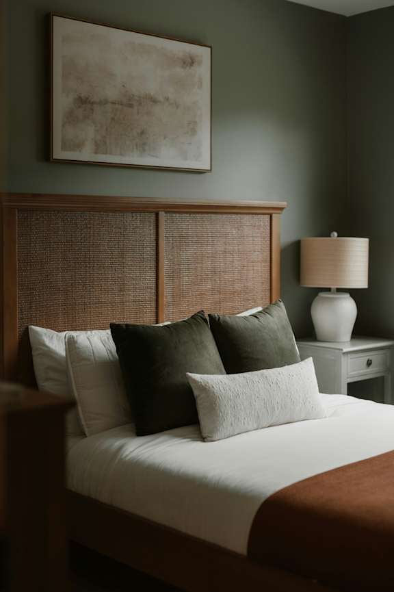 A bed with a white comforter and brown headboard with a lamp and a painting on the wall.