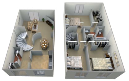 Two story 3D floor plan with spiral staircase at Pilgrim Village - Canton, MI Apartments, Michigan, 48187