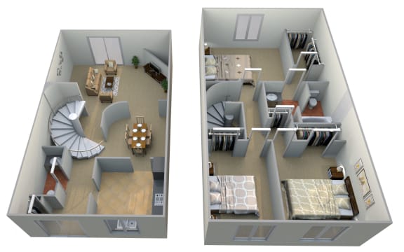 Two story 3D floor plan with spiral staircase at Pilgrim Village - Canton, MI Apartments, Michigan, 48187