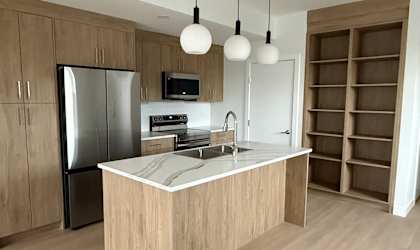 A modern kitchen with wooden cabinets and a central island.