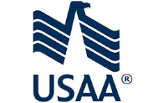 The image is a logo of USAA with dark blue color on a white background.