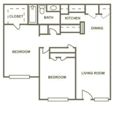 A black and white image of a floor plan for a 2 bedroom, 1 bathroom apartment.
