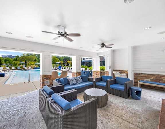 A patio with a pool and furniture.