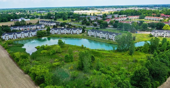 an aerial view of a pond with houses around it