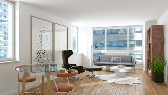 A modern living room with a glass table and chairs.at 'The Metropolis', New York, 10017