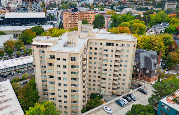 a view from above of a large building in a city