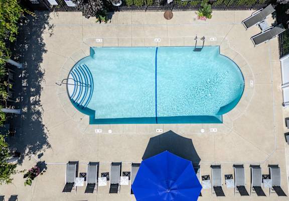 an overhead view of an infinity pool with umbrellas and chairs