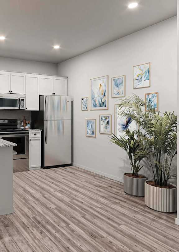 Modern kitchen at Lakeview Terrace apartments in Ridgeland featuring stainless-steel appliances, ample cabinet space, and contemporary finishes.