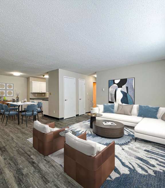 Modern Living room with dinning table at The Ridges Apartments, Des Moines