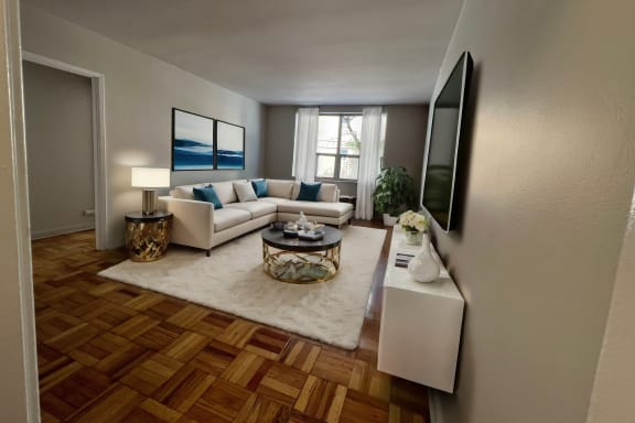 a living room with a couch and a table
