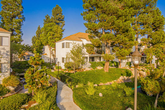 a garden with trees and a house in the background