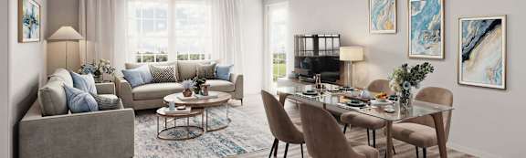 Spacious living room at Lakeview Terrace apartments in Ridgeland, SC with modern furnishings, large windows, and an open-concept layout.