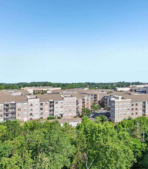 Apartment buildings surrounded by trees under a clear blue sky.