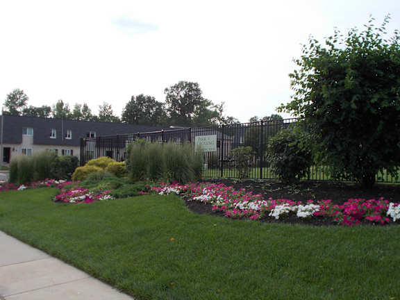 A garden with a fence and flowers in the foreground.