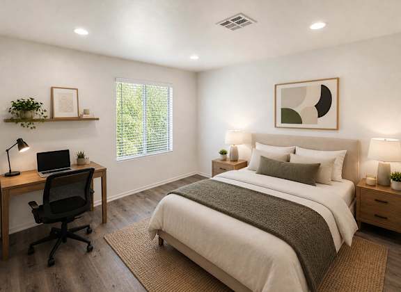 A bedroom with a bed, desk, and chair.