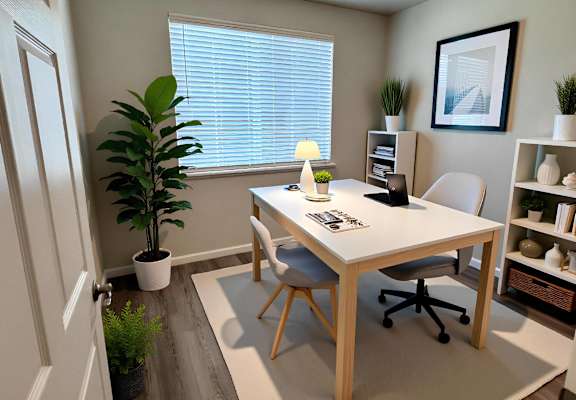 A white desk with a chair and a potted plant in a room.