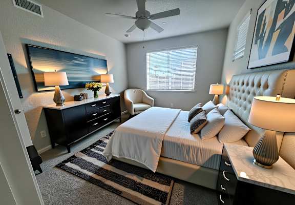 A bedroom with a large bed, a dresser, and a ceiling fan.