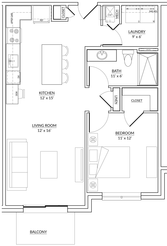 Lincoln Style A - 1 bed, 1 bath apartment floor plan