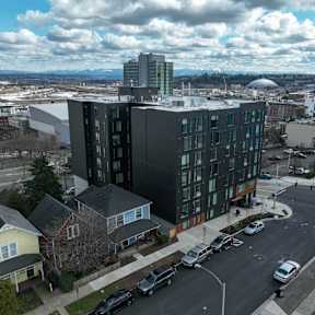 an aerial view of a large building in a city at Analog Tacoma, Tacoma, Washington
