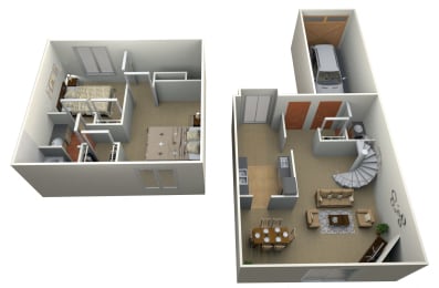 3D floor plan with garage and spiral staircase at Pilgrim Village - Canton, MI Apartments, Michigan