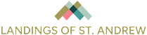 The image is a logo for "Landings of St. Andrew" with a colorful design element above the text.