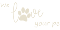 A graphic with the text "we love your pets" and a paw print design.