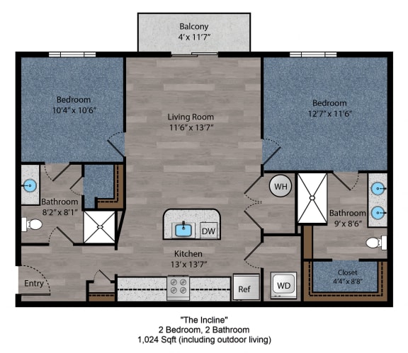 Floor Plan  2 bed 2 bath floorplan B at The Flats at Summit Station, South Park, 15129