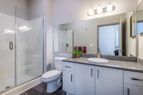 Centre Pointe Apartments deep soaking tubs and glass shower enclosures in select units