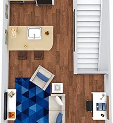 The Henley 3D. Studio apartment. Kitchen with bartop open to living room. 1 full bathroom. Walk-in closet. 1st floor entry.